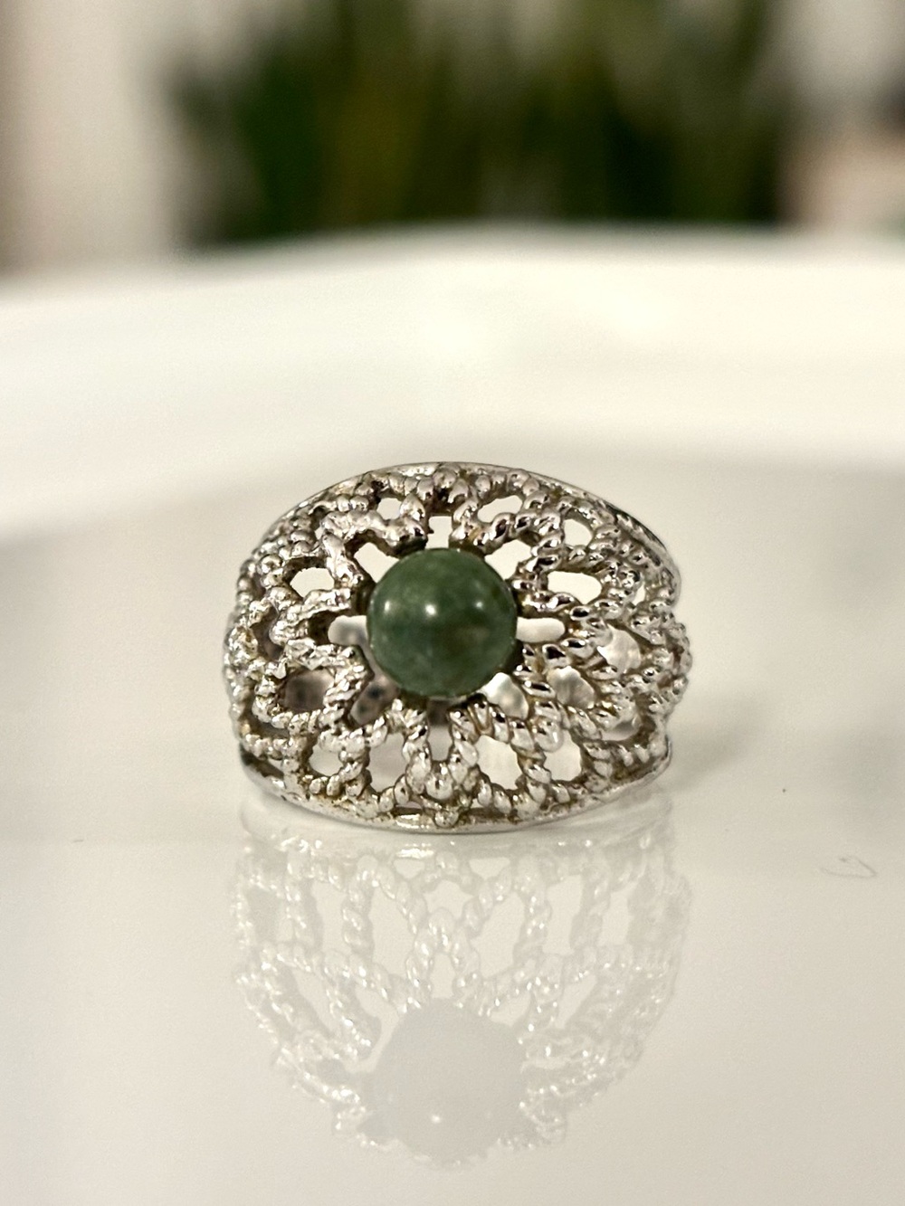 925 Sterling Silver Jade Filigree Ring UNCAS 1950-1970